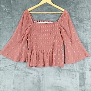 Womens Top XL Boho Smocked Hippie Peasant Fairy Milkmaid Coquette‎ Pink Feminine